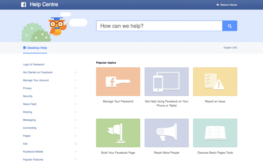 Screenshot of the Facebook help centre